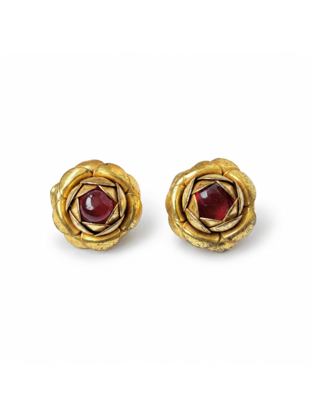 Signed Miriam Haskell Flower Clip On Earrings, Red Glass, Gold Tone